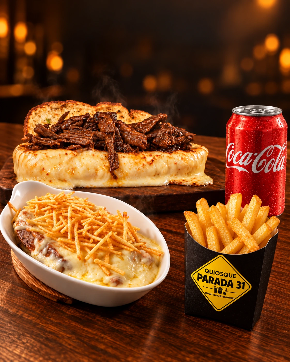 Combo com pão de alho de contra filé, batata à bolonhesa, batata kids e Coca-Cola lata